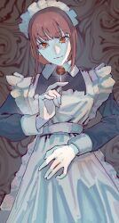 1girl alternate_costume apron black_dress candy chainsaw_man cheshire_nek closed_mouth commentary_request dress enmaided food highres holding holding_candy holding_food holding_lollipop light_smile lollipop looking_at_viewer maid maid_apron maid_headdress makima_(chainsaw_man) red_eyes red_hair ringed_eyes sidelocks solo white_apron