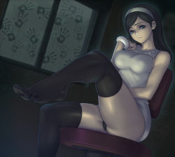 10s 1girl black_hair black_panties black_thighhighs blue_eyes breasts feet female_focus foreshortening hairband highres kumashiro_maya large_breasts long_hair panties rape_face seikimatsu_occult_gakuin sethxzoe sheriff_woody solo thick_thighs thighhighs thighs toe_socks toes toy_story underwear when_you_see_it