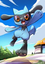 :d absurdres black_fur blue_fur blue_sky body_fur building chibikemo cloud commentary_request day full_body furry gen_4_pokemon happy highres jumping looking_at_viewer nintendo open_mouth outdoors partial_commentary poke_ball_symbol pokemon pokemon_(creature) pokemon_center pokemon_focus red_eyes riolu shadow signature sky smile solo tree twitter_username two-tone_fur watagashikn