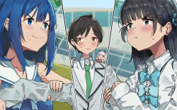 1boy 3girls absurdres basori_tiara black_hair blazer blue_bow blue_bowtie blue_eyes blue_hair blue_shirt blush bow bowtie chibi chibi_inset closed_mouth green_necktie hair_ornament highres holding_another&#039;s_arm jacket jyuunen-kun long_sleeves make_heroine_ga_oo_sugiru! medium_hair mole mole_on_neck multiple_girls necktie nukumizu_kazuhiko official_alternate_costume official_alternate_hairstyle outdoors pout school_uniform shiratama_riko shirt short_hair sleeveless sleeveless_shirt tsuwabuki_high_school_uniform v-shaped_eyebrows white_jacket winter_uniform yanami_anna