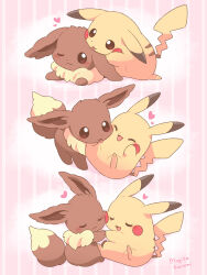 ;3 ^_^ brown_eyes brown_fur cheek-to-cheek closed_eyes creatures_(company) eevee full_body game_freak gen_1_pokemon heads_together heart highres licking mugita_konomi nintendo no_humans one_eye_closed pikachu pink_background pokemon pokemon_(creature) striped_background yellow_fur