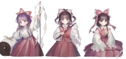 Rule 34 | 1girl, absurdres, arm at side, arms up, bow, bowtie, brown hair, closed mouth, collared shirt, commentary request, cowboy shot, flower, gohei, grey ribbon, hair bow, hair ribbon, hair tubes, hakurei reimu, hakurei reimu (pc-98), hakurei reimu (seihou), hand up, highly responsive to prayers, highres, holding, holding gohei, imperishable night, japanese clothes, light blush, long hair, long sleeves, looking at viewer, medium hair, miko, multiple views, open mouth, orb, pink bow, pink eyes, pink flower, pink ribbon, purple eyes, purple hair, red bow, red bowtie, red skirt, red vest, redrawn, ribbon, ribbon-trimmed vest, ribbon trim, sasami (shiroi fuwafuwa), seihou, shide, shirt, shuusou gyoku, sidelocks, simple background, skirt, smile, standing, touhou, touhou (pc-98), very long hair, vest, white background, white shirt, white vest, wide sleeves, yin yang, yin yang orb