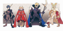 2boys 2girls angry areadbhar_(fire_emblem) armor armored_bodysuit armored_boots armored_legwear axe aymr_(fire_emblem) batting_stance black_coat black_suit blue_cape blue_eyes bodysuit boots cape clenched_teeth coat commentary curly_hair dimitri_alexandre_blaiddyd dimitri_alexandre_blaiddyd_(timeskip) double_bun dress edelgard_von_hresvelg edelgard_von_hresvelg_(timeskip) english_commentary eyepatch fake_head_wings fake_horns fake_wings fire_emblem fire_emblem:_three_houses flower formal_clothes fur-trimmed_cape fur_trim gold_armor gradient_background green_eyes green_hair hair_between_eyes hair_bun hair_flower hair_ornament hair_over_one_eye hair_up headpiece highres holding holding_axe holding_polearm holding_shield holding_sword holding_weapon horns long_hair long_sleeves looking_to_the_side male_byleth_(fire_emblem) multiple_boys multiple_girls nintendo one-eyed polearm red_cape red_dress rhea_(fire_emblem) shaded_face shield short_hair side_slit standing suit sword sword_of_the_creator t0bey teeth wavy_hair weapon white_flower white_hair wide-eyed wings
