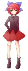 1girl alphes_(style) black_shirt black_shoes blue_ribbon bow closed_mouth collared_shirt commentary_request dairi full_body hair_bow hair_ribbon half-closed_eyes hand_on_own_hip highres large_variant_set long_sleeves looking_at_viewer no_cape parody red_eyes red_hair red_skirt ribbon sekibanki shirt shoes short_hair skirt solo style_parody tachi-e tearing_up touhou transparent_background variant_set