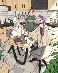1boy 2girls alternate_costume alternate_hairstyle bacon black_camisole black_hair book brick_wall camisole collarbone commentary_request contemporary drinking elf fern_(sousou_no_frieren) food forehead fried_egg frieren grey_hair highres holding holding_tray indoors kitchen kitchen_knife loose_socks milk_carton multicolored_hair multiple_girls orange_hair oversized_clothes pointy_ears purple_hair roots_(hair) sink slice_of_life slippers socks sousou_no_frieren stark_(sousou_no_frieren) steam takeuchi_ryousuke tray