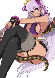 Rule 34 | 1girl, absurdres, bare shoulders, bb (fate), bb (swimsuit mooncancer) (fate), bb (swimsuit mooncancer) (second ascension) (fate), bead bracelet, beads, belt, bikini, black gloves, black shorts, black thighhighs, blush, bracelet, breasts, cleavage, collarbone, crossed legs, dark-skinned female, dark skin, fate/grand order, fate (series), fingerless gloves, garter belt, gloves, grin, hair ornament, hair ribbon, hairband, harurukan, highres, jewelry, large breasts, long hair, looking at viewer, micro shorts, neck ribbon, purple bikini, purple eyes, purple hair, ribbon, shorts, sitting, smile, solo, star (symbol), star hair ornament, swimsuit, tan, tentacles, thighhighs, thighs, very long hair, white belt