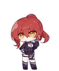 Rule 34 | 1girl, black jacket, black shorts, boots, chibi, closed mouth, eta, fingerless gloves, full body, gloves, honkai (series), honkai impact 3rd, jacket, long hair, long sleeves, looking at viewer, murata himeko, murata himeko (arctic kriegsmesser), official art, pantyhose, ponytail, shorts, single glove, solo, sweat, third-party source, white pantyhose, yellow eyes