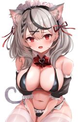 1girl absurdres ana_(vvvvor) animal_ear_fluff animal_ears bare_shoulders black_hair blush bow bowtie breasts cat_ears cat_girl cat_tail cleavage detached_collar ear_piercing earrings fang grey_hair hair_ornament highres hololive jewelry large_breasts looking_at_viewer medium_hair multicolored_hair multiple_earrings navel open_mouth piercing plaid_bow plaid_bowtie plaid_clothes red_bow red_bowtie red_eyes sakamata_chloe solo streaked_hair swimsuit tail thighhighs virtual_youtuber white_background white_thighhighs x_hair_ornament