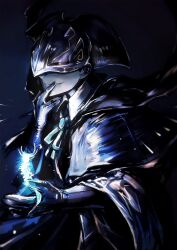 Rule 34 | 1girl, absurdres, black gloves, bloodborne, capelet, coat, commentary request, covered eyes, dark background, dress, eye mask, finger to mouth, gloves, glowing, grin, hat, highres, holding, long sleeves, partial commentary, ribbon, smile, solo, surumenabe, upper body, yurie the last scholar
