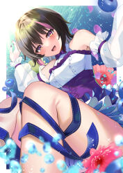 Rule 34 | 1girl, :d, absurdres, black hair, blurry, blurry foreground, blush, breasts, corset, depth of field, detached sleeves, flower, frills, highres, looking at viewer, medium breasts, multicolored hair, nail polish, nekouta, ongeki, open mouth, purple eyes, ribbon, short hair, smile, solo, sparkle, yuuki riku, yuuki riku (herbarium fairies) (ongeki)