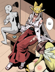 1boy 2girls ? anger_vein angewomon ass bare_shoulders bench blonde_hair breasts cleavage crossed_arms digimon digimon_(creature) digivice english_text fox_mask grey_hair hakama head_wings helmet highres hip_vent japanese_clothes kukuruyo large_breasts long_hair mask multiple_girls pants red_hakama red_pants sakuyamon sakuyamon:_miko_mode sitting winged_helmet wings