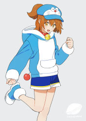 1girl arle_nadja arle_nadja_(doraemon) bell blue_hat blue_hoodie blue_shoes blue_shorts brown_eyes brown_hair character_hat collar commentary copyright_name cosplay doraemon doraemon_(character) doraemon_(character)_(cosplay) fake_tail feet_out_of_frame foot_out_of_frame grey_background hand_up hat hood hood_down hoodie jingle_bell lirio_(nikori9) long_sleeves looking_down neck_bell official_alternate_costume pocket ponytail puyopuyo puyopuyo_quest red_collar shoes short_hair short_ponytail shorts simple_background sleeves_past_wrists solo standing standing_on_one_leg tail