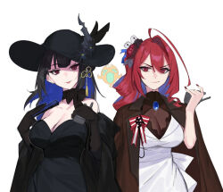 2girls asymmetrical_horns black_dress black_hair black_hat blue_hair breasts cleavage colored_inner_hair dasdokter demon_horns dress elizabeth_rose_bloodflame ghost gigi_murin hat highres hololive hololive_english horns large_breasts long_hair mole mole_under_eye multicolored_hair multiple_girls nerissa_ravencroft official_alternate_costume official_alternate_hairstyle red_eyes revision see-through_cleavage see-through_clothes two-tone_hair virtual_youtuber white_dress