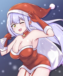 Rule 34 | 1girl, ao (flowerclasse), bare shoulders, bell, breasts, choker, christmas, cleavage, commentary, cowboy shot, dress, earrings, gabriel dropout, garter straps, gloves, hair ornament, hat, highres, holding, holding sack, jewelry, large breasts, leaning forward, long hair, looking at viewer, microdress, neck bell, one eye closed, open mouth, over shoulder, purple hair, raphiel shiraha ainsworth, red choker, red dress, red gloves, red hat, sack, santa costume, santa dress, santa gloves, santa hat, simple background, smile, snowing, solo, standing, strapless, strapless dress, stud earrings, waving, white background, wind, x hair ornament, yellow eyes