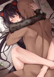 Rule 34 | 1boy, 1girl, :o, absurdres, animal ears, black dress, blush, brown hair, clothed sex, commentary request, condom, dog ears, dress, ekibyoudayo, faceless, faceless male, hand on another&#039;s head, happy sex, hetero, highres, hug, inui toko, inui toko (5th costume), lace sleeves, leg lock, long hair, low twintails, missionary, nijisanji, official alternate costume, on bed, open mouth, paid reward available, see-through clothes, see-through sleeves, sex, solo focus, swept bangs, twintails, used condom, very long hair, virtual youtuber