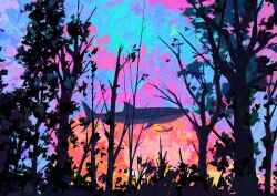 1girl abstract absurdres animal_focus commentary_request fangpeii fish flippers floating_hair flying_fish forest highres long_hair nature original scenery sky solo sunset swimming very_wide_shot whale_shark