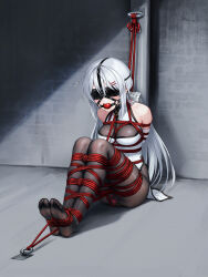 1girl absurdres anal anal_object_insertion arms_behind_back ball_gag bare_shoulders bdsm black_pantyhose blindfold bondage bound bound_ankles bound_arms bound_breasts bound_calves bound_feet bound_legs bound_thighs bound_torso bound_wrists breast_bondage breasts china_dress chinese_clothes commentary_request crotch_rope dildo dildo_harness double_penetration dress drooling elbow_gloves female_focus forced_orgasm gag gag_harness gagged gloves grey_hair hair_ornament highres indoors kumachi_(aikawaakeya) large_variant_set long_hair medium_breasts no_shoes object_insertion original pantyhose restrained saliva saliva_trail sex_toy shibari shibari_over_clothes sitting skindentation solo tape taped_hands turtleneck turtleneck_dress vaginal vaginal_object_insertion variant_set very_long_hair vibrator