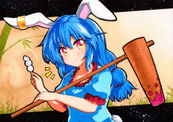 1girl ambiguous_red_liquid animal_ears bad_id bad_pixiv_id bamboo beige_background blue_dress blue_hair collarbone dress earclip hair_between_eyes holding holding_stick kine long_hair low-tied_long_hair mallet pout puffy_short_sleeves puffy_sleeves rabbit_ears rabbit_tail red_eyes rinka_(qqqrinkappp) seiran_(touhou) short_sleeves solo stick tail touhou traditional_media