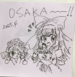 Rule 34 | 2girls, ainu clothes, breasts, dated, eating, fingerless gloves, gloves, hair ribbon, highres, large breasts, long hair, looking at viewer, monochrome, multiple girls, nakoruru, one eye closed, open mouth, ribbon, rimururu, samurai spirits, short hair, siblings, sisters, sketch, small breasts, snk, tongue, traditional media, wink