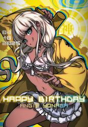 1girl bead_necklace beads bikini blue_eyes blunt_bangs blush breasts character_name commentary danganronpa_(series) danganronpa_v3:_killing_harmony dark-skinned_female dark_skin ganguro gyaru hair_between_eyes hammer happy_birthday highres holding holding_hammer jewelry licking_lips long_hair long_sleeves looking_at_viewer low_twintails navel_piercing necklace nota_sayaka piercing raincoat shell shell_necklace skirt smile solo swimsuit tongue tongue_out twintails white_hair yellow_raincoat yellow_theme yonaga_angie