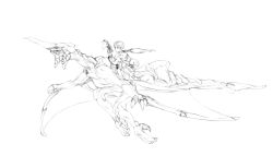 1girl bare_shoulders barefoot detached_sleeves dragon dress flat_chest flying graphite_(medium) greyscale gun horns monochrome monochrome orta panzer_dragoon panzer_dragoon_orta riding scarf sega short_hair single_horn strapless strapless_dress traditional_media tube_dress weapon