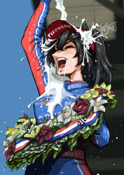 1girl absurdres animal_ears black_hair closed_eyes cosplay dhl from_side highres horse_ears horse_girl indycar_series kaito_schumacher katsuragi_ace_(umamusume) milk multicolored_hair ponytail pouring pouring_onto_self racing_suit satou_takuma satou_takuma_(cosplay) signature smile solo streaked_hair umamusume wreath