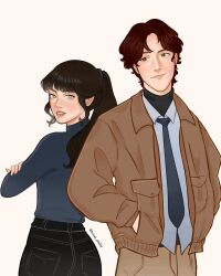 Rule 34 | 1boy, 1girl, back-to-back, black hair, blunt bangs, brown eyes, brown jacket, casual, commission, copyright request, denim, green eyes, high ponytail, highres, jacket, jeans, light blush, looking at viewer, looking back, loose necktie, necktie, neia (honei.studio), open clothes, open jacket, pants, parted lips, ponytail, red hair, simple background, smile, standing, turtleneck