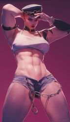 1girl 3d abs absurdres arm_tattoo armpits belt_collar bracelet breasts closed_mouth collar collarbone cosplay crop_top cuffs cutoffs denim denim_shorts female_pubic_hair final_fight fugtrup handcuffs hat highres jewelry looking_at_viewer medium_breasts muscular muscular_female navel overwatch peaked_cap pink_background pink_hair poison_(final_fight) poison_(final_fight)_(cosplay) protected_link pubic_hair scar scar_across_eye scar_on_face short_hair shorts simple_background solo studded_collar tank_top tattoo zarya_(overwatch)
