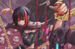 Rule 34 | 1girl, absurdres, black hair, blood, choker, death (entity), decapitation, gas mask, heaven burns red, highres, mask, masumidashirasu, mikoto fubuki, multicolored hair, off-shoulder shirt, off shoulder, red hair, scythe, shirt, short hair, sidelocks, solo, streaked hair