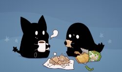 blue_background candy cat cookie crumbs cup eating food food_on_face holding hoshikui koala_no_march mug no_humans original shoutarou_(shoutarotttt) simple_background sitting star_(symbol) steam tail