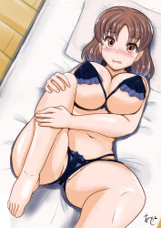 1girl akashieru barefoot black_panties bra brown_eyes brown_hair chiyoda_(kancolle) commentary_request frilled_bra frills from_above highres kantai_collection looking_at_viewer navel panties pillow short_hair solo underwear underwear_only