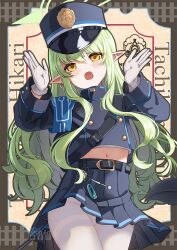 armband black_jacket black_skirt blue_archive blue_armband commentary demon_tail fang gloves green_hair green_halo halo hat highres hikari_(blue_archive) jacket long_hair long_sleeves looking_at_viewer miniskirt open_mouth pantyhose peaked_cap pleated_skirt pointy_ears skirt tail wavy_hair white_gloves white_pantyhose xephonia yellow_eyes