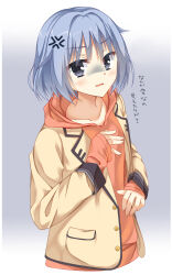 1boy anger_vein angry blue_hair blush buttons collarbone commentary_request eyes_visible_through_hair fuyukichi_(nikoniko1567) grey_background grey_eyes hair_between_eyes hands_up highres hood hood_down hoodie jacket kikka_academy_school_uniform long_sleeves looking_at_viewer male_focus medium_hair open_clothes open_jacket open_mouth orange_hoodie riddle_joker school_uniform shaded_face simple_background sleeves_past_wrists solo suou_kyouhei translated upper_body v-shaped_eyebrows yellow_jacket