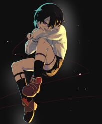 Rule 34 | 1boy, black background, black hair, black shorts, black socks, boots, brown boots, closed mouth, commentary request, crossed arms, datenshi no fu, despair god morroc, expressionless, floating, full body, hair between eyes, hair over one eye, highres, long bangs, looking afar, male focus, ragnarok online, red eyes, shirt, short hair, shorts, sitting, skull, socks, solo, string, string of fate, white shirt