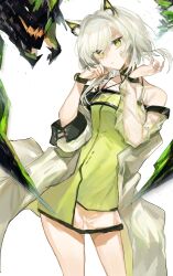 1girl absurdres animal_ears arknights cat_ears cat_girl coat commentary_request cowboy_shot dress fumi_(rdbm) green_dress green_eyes grey_hair highres kal&#039;tsit_(arknights) medium_hair mon3tr_(arknights) mon3tr_(summon)_(arknights) open_clothes open_coat parted_lips partial_commentary see-through_clothes see-through_sleeves simple_background solo white_background