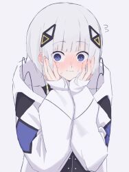 1girl absurdres blue_eyes blush cevio closed_mouth coat flying_sweatdrops full-face_blush grey_hair hair_ornament hands_on_own_cheeks hands_on_own_face hands_up highres hood hood_down hooded_coat kafu_(cevio) looking_at_viewer nerv nervous_sweating saka_(sa_ka) short_hair sidelocks sleeves_past_wrists solo sweat upper_body white_coat