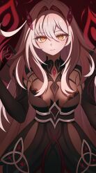 1girl absurdres black_dress bodystocking breasts closed_mouth commentary_request cowlick dress genshin_impact hair_intakes headpiece highres kenomotsu_yukuwa long_hair looking_at_viewer medium_breasts ronova_(genshin_impact) solo star-shaped_pupils star_(symbol) symbol-shaped_pupils thick_eyelashes white_hair yellow_eyes
