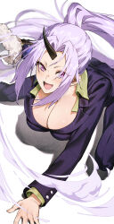 Rule 34 | 1girl, :d, absurdres, black horns, blush, breasts, chyko, cleavage, collared shirt, floating hair, formal clothes, green shirt, highres, holding, holding sword, holding weapon, horns, jacket, lapels, large breasts, long hair, looking at viewer, office lady, oni, open mouth, pants, ponytail, purple eyes, purple hair, purple jacket, purple pants, purple suit, shion (tensura), shirt, simple background, single horn, smile, smoke, solo, suit, sword, tensei shitara slime datta ken, very long hair, weapon, white background