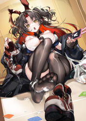 1girl @_@ absurdres animal_ears azur_lane bare_shoulders black_hair black_jacket black_leotard black_necktie black_thighhighs breasts cellphone cleavage colored_inner_hair cum cum_in_footwear cum_on_body cum_on_feet fake_animal_ears highres holding holding_phone holding_shoe in-ear_earphones jacket large_breasts leotard multicolored_hair necktie official_alternate_costume open_mouth parted_bangs phone playboy_bunny red_hair red_nails shoes smartphone sneakers solo thighhighs two_side_up unworn_shoes xun_li_eins yellow_eyes z52_(azur_lane) z52_(the_rapid_rabbit)_(azur_lane)