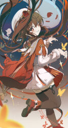 1girl absurdres beret black_thighhighs boo_tao_(genshin_impact) brown_hair coria eyewear_on_head floating_hair flower-shaped_hair from_behind genshin_impact ghost hat highres hu_tao_(cherries_snow-laden)_(genshin_impact) hu_tao_(genshin_impact) long_hair long_sleeves looking_at_viewer looking_back official_alternate_costume red_eyes red_shoes round_eyewear shoes skirt smile solo standing standing_on_one_leg thighhighs white_hat zettai_ryouiki