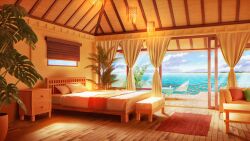 bed blue_sky chest_of_drawers cloud cloudy_sky couch cup curtains day drawer drinking_glass indoors no_humans ocean original palm_leaf pillow plant potted_plant reason_(mark-of-the-unicorn) scenery sky table