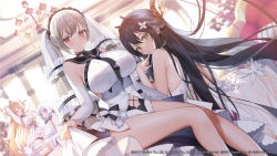 Rule 34 | 4girls, absurdly long hair, ass, azur lane, bent over, black choker, black hair, black panties, black sailor collar, blonde hair, blue eyes, blue flower, blue gemstone, blue rose, breasts, center opening, chandelier, choker, cleavage, clothing cutout, cup, dress, dress flower, elbow gloves, feather dress, flower, formidable (azur lane), formidable (timeless classics) (azur lane), gem, gloves, gold trim, green eyes, grey hair, hair flower, hair on horn, hair ornament, hair spread out, head wreath, holding, holding cup, horns, huge breasts, illustrious (azur lane), indomitable (azur lane), indoors, kurot, large breasts, laurel crown, long hair, looking at viewer, looking back, mole, mole under eye, multiple girls, navel cutout, official alternate costume, panties, red eyes, ribbon, rose, sailor collar, see-through clothes, see-through dress, showgirl skirt, sitting, sleeveless, sleeveless dress, strapless, strapless dress, teacup, twintails, two-tone dress, two-tone ribbon, underwear, very long hair, victorious (azur lane), white dress, white flower, white gloves, white hair