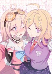 2girls absurdres ahoge akamatsu_kaede antenna_hair barbed_wire belt blonde_hair blue_eyes blush breasts collared_shirt commentary danganronpa_(series) danganronpa_v3:_killing_harmony eyelashes fingerless_gloves fortissimo gloves goggles goggles_on_head hair_between_eyes hair_ornament highres iruma_miu long_hair long_sleeves looking_at_viewer lv_k1b0 multiple_girls musical_note musical_note_hair_ornament necktie nervous nervous_sweating o-ring o-ring_belt one_eye_closed open_mouth pink_shirt pleated_skirt purple_eyes red_necktie ringed_eyes school_uniform selfie shirt simple_background skirt sweat sweater_vest upper_body very_long_hair yuri