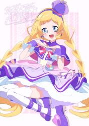 Rule 34 | 1girl, bag bow, blonde hair, blue eyes, border, bow, bow earrings, bowtie, braid, bright pupils, brooch, capelet, collared capelet, cure friendy, deerstalker, dot nose, dress, dress bow, earrings, eyelashes, frilled headwear, frilled wrist cuffs, frills, full body, hair spread out, hairband, hands on own chest, happy, hat, hat ornament, heart, heart brooch, heart hat ornament, highres, inukai iroha, jewelry, lace background, light blush, long hair, looking at viewer, low twin braids, magical girl, mary janes, mini hat, miniskirt, multicolored bow, open mouth, outside border, pink background, pink bow, pink bowtie, precure, purple bow, purple brooch, purple capelet, purple dress, purple hairband, purple hat, purple shoes, purple wrist cuffs, serizawa serizane, shoes, short dress, single stripe, sitting, skirt, skirt under dress, smile, solo, striped background, striped bow, striped bowtie, striped clothes, thighhighs, twin braids, twitter username, very long hair, waist bag, watermark, white bag, white border, white bow, white skirt, white thighhighs, wonderful precure!, wrist cuffs, yellow pupils