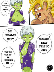 1boy 1girl blonde_hair bodysuit breasts broly_(dragon_ball_z) bukkake cheelai colored_nipples colored_skin cum cum_on_body cum_on_breasts cum_on_clothes cum_on_hair cum_on_upper_body dark-skinned_male dark_skin dark_toons_cave_artist dragon_ball dragon_ball_super dragon_ball_super_broly green_nipples green_skin highres large_breasts nipples penis pink_eyes purple_eyes short_hair text_focus uncensored white_hair