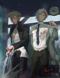 2boys aqua_eyes bandaid bandaid_on_cheek bandaid_on_face black_jacket black_pants blonde_hair blue_eyes blue_necktie bus_stop clock cloud_strife cloud_strife_(midgard_seventh_high_school) collared_shirt cowboy_shot delinquent elsass final_fantasy final_fantasy_vii final_fantasy_vii_ever_crisis furrowed_brow gakuran grey_hair grey_jacket hair_between_eyes highres holding holding_umbrella jacket jacket_partially_removed male_focus midriff_peek multiple_boys necktie official_alternate_costume pants parted_bangs rain school_uniform sephiroth sephiroth_(ever_crisis) sephiroth_(shinra_private_academy) shirt short_hair signature slit_pupils spiked_hair suit_jacket twitter_username umbrella wet wet_clothes white_shirt