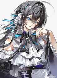 1girl absurdres black_bow black_hair blue_eyes bow cross dress grey_background hair_between_eyes highres holding_headgear original weibo_7613854186 white_dress