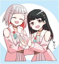 2girls 4th_live_dream_~bloom_the_dream_believers~ :d ^_^ animification bare_shoulders black_hair blue_border blunt_bangs border closed_eyes clothing_cutout commentary_request cropped_torso diagonal_bangs dream_believers dress facing_viewer flower_hands grey_eyes grey_hair hair_ornament highres kanduki_kamibukuro link!_like!_love_live! long_hair long_sleeves looking_at_viewer love_live! multicolored_hair multiple_girls official_alternate_costume open_mouth pink_dress real_life round_image sasaki_kotoko short_hair shoulder_cutout simple_background smile star_(symbol) star_hair_ornament streaked_hair translation_request virtual_youtuber voice_actor voice_actor_connection white_background yugiri_tsuzuri