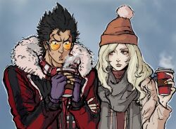 1boy 1girl black_hair blonde_hair blowing blue_eyes cup disposable_coffee_cup disposable_cup eyeshadow gitarooboy gloves hand_on_another&#039;s_arm hat highres holding holding_cup jacket long_hair makeup no_more_heroes open_mouth red_jacket scarf short_hair sunglasses sweatdrop sylvia_christel travis_touchdown