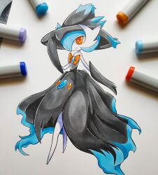Rule 34 | alternate color, black dress, black gloves, black hat, colored skin, cosplay, dress, elbow gloves, gardevoir, gen 3 pokemon, gen 4 pokemon, gloves, hair over one eye, hat, highres, mandasart, marker (medium), mega gardevoir, mega pokemon, mismagius, mismagius (cosplay), nintendo, orange eyes, photo (medium), pokemon, pokemon (creature), shiny pokemon, smile, traditional media, white skin, witch hat